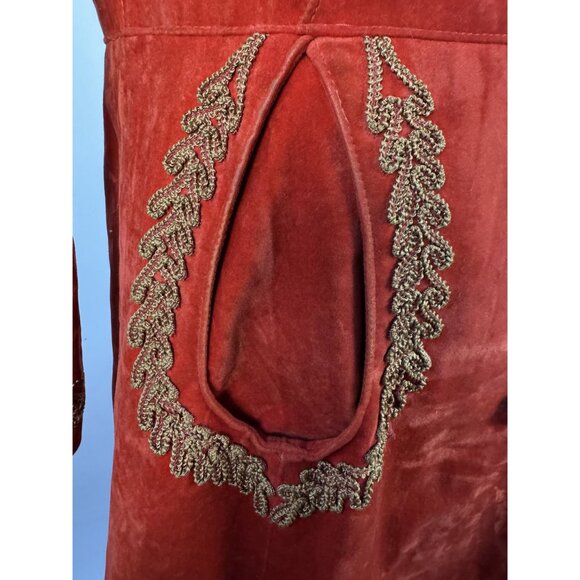 Vintage 70s Red Velvet Penny Lane Coat W/ Gold Embroidery & faux Fur Trim Hood - Picture 3 of 16